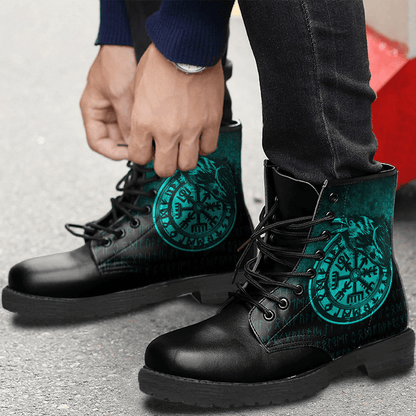 Boots Viking Vegvisir Rune With Crow Cyan Leather Boots