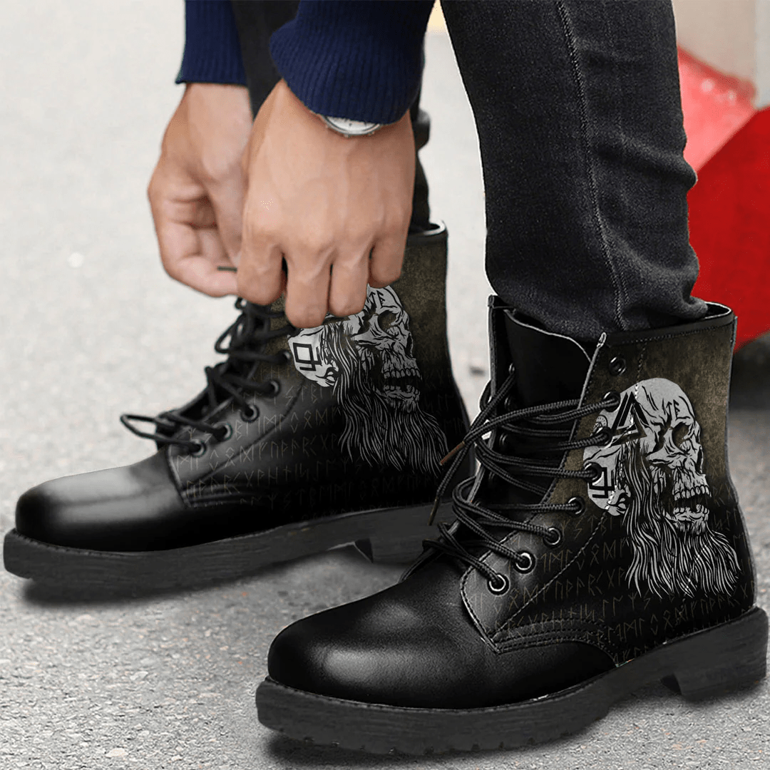 Boots Viking Skull With Tattoos And Long Beard Leather Boots