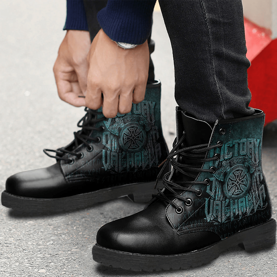 Boots Viking Victory Or Valhalla Axe Shield Cyan Leather Boots