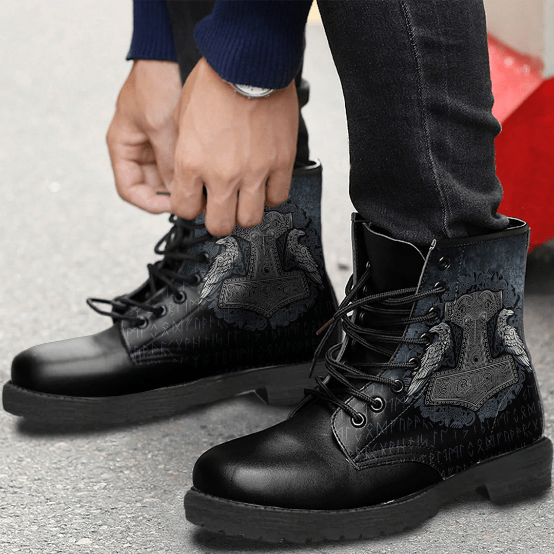 Boots Viking Thors Raven Hammer Norse Mjolnir Pagan Knotwork Ravens Leather Boots