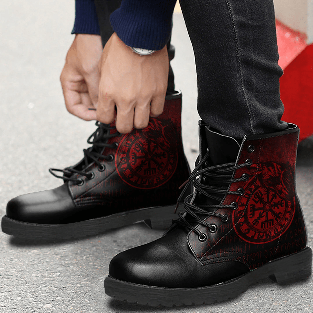 Boots Viking Vegvisir Rune With Crow Red Leather Boots
