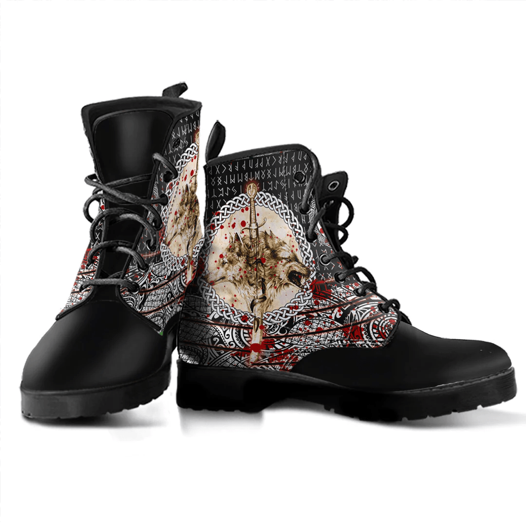 Boots Wolf And Vikings Tattoo Blood Style Leather Boots