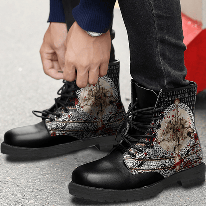 Boots Wolf And Vikings Tattoo Blood Style Leather Boots