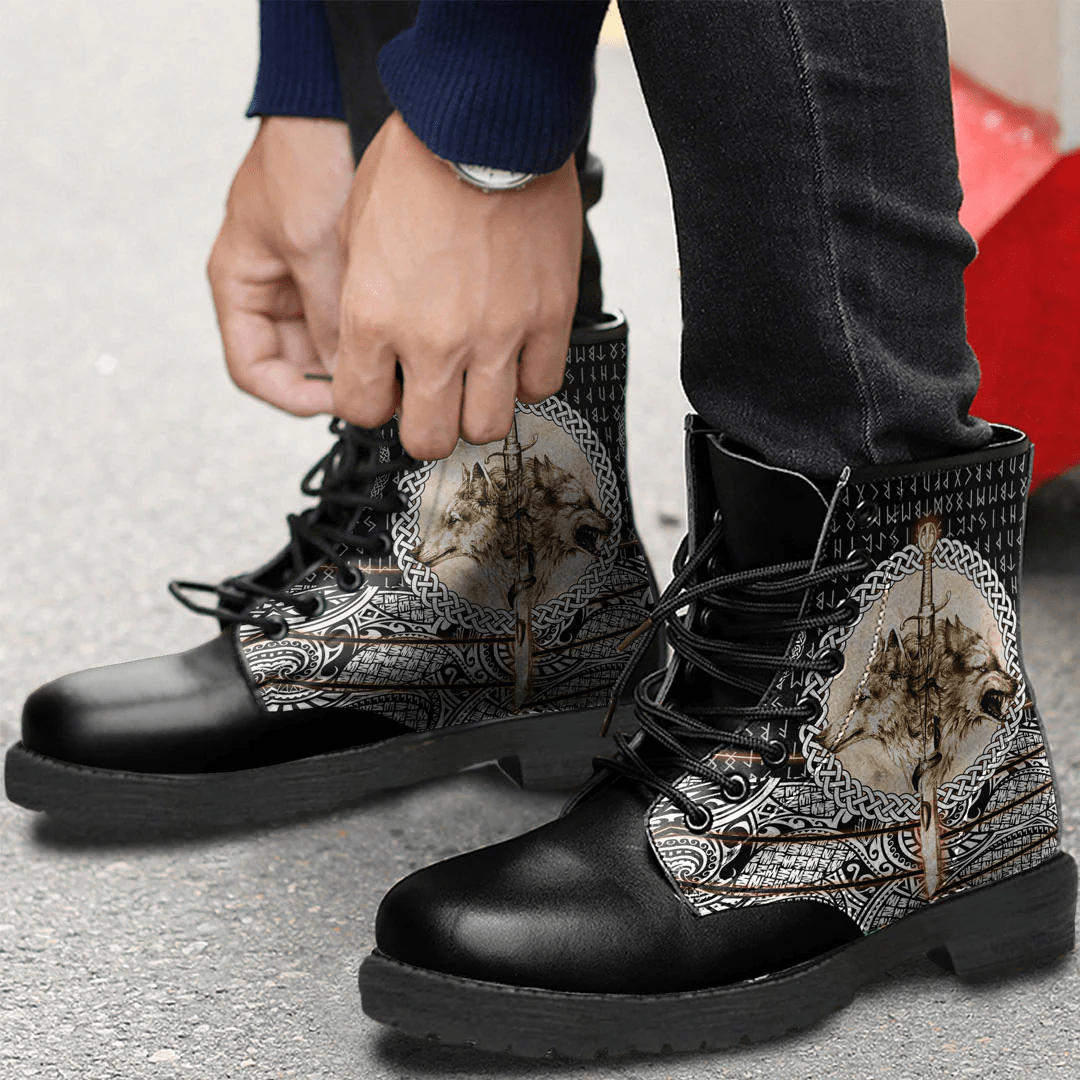 Boots Wolf And Vikings Tattood Leather Boots