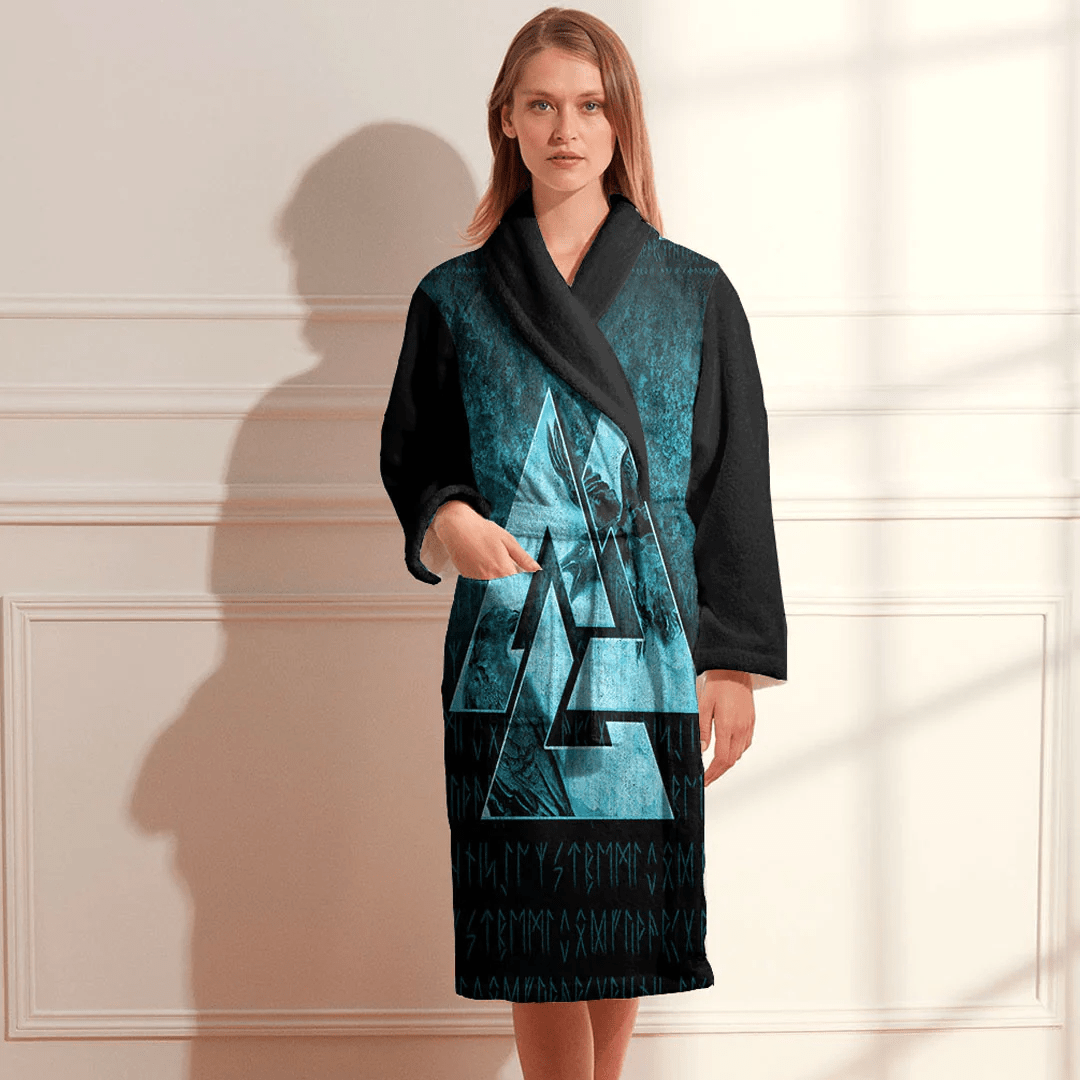 Bathrobe Huginn Muninn Ravens From Odin Viking Gold Cyan Bath Robe