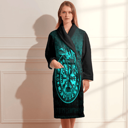 Bathrobe Viking Vegvisir Rune With Crow Cyan Bath Robe