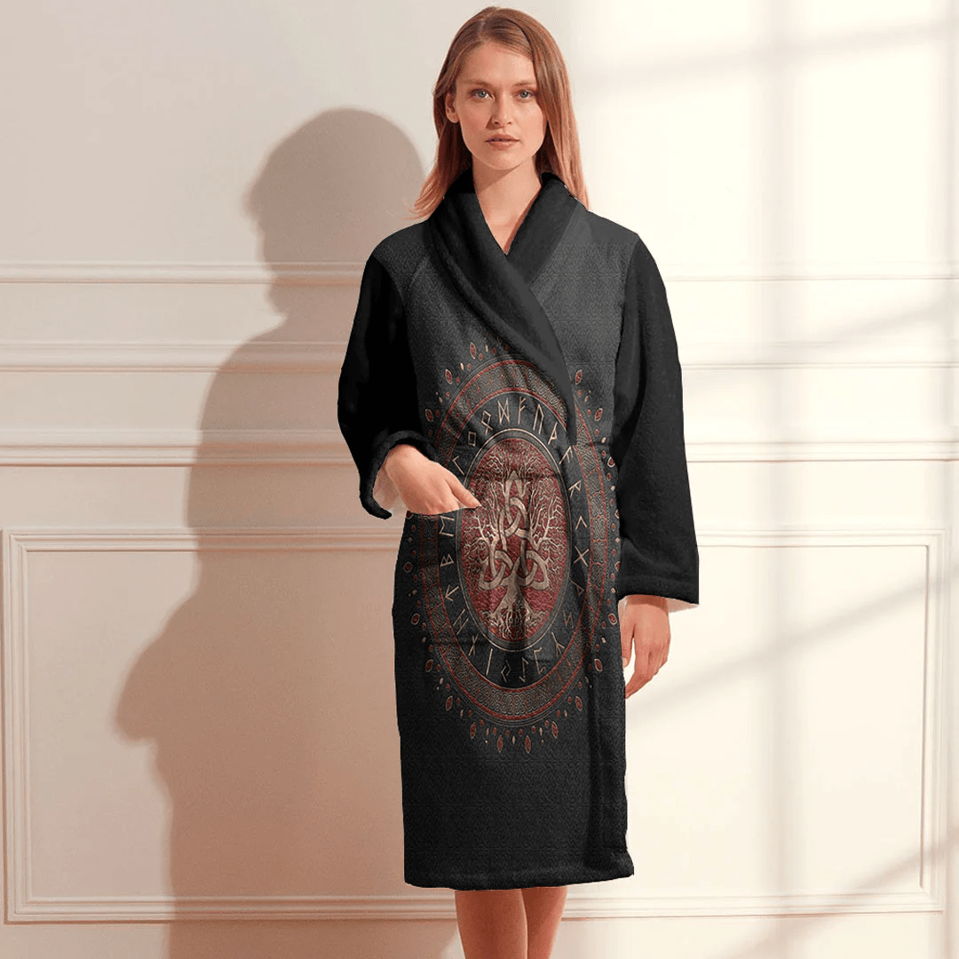Bathrobe Tree Of Life With Triquetra Black Red Leather And Gold Bath Robe