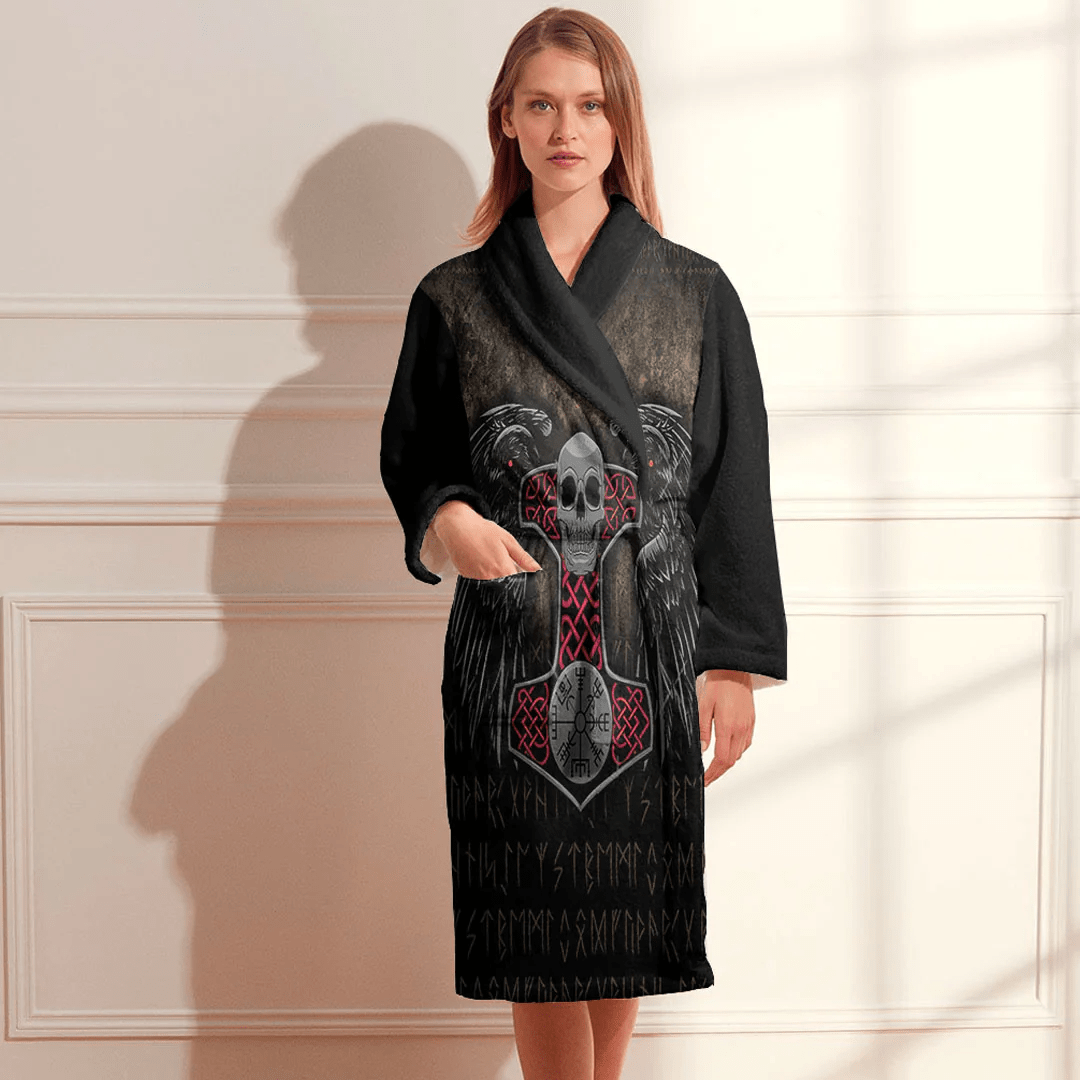 Bathrobe Odin's Ravens Thor Hammer Viking Skull Bath Robe