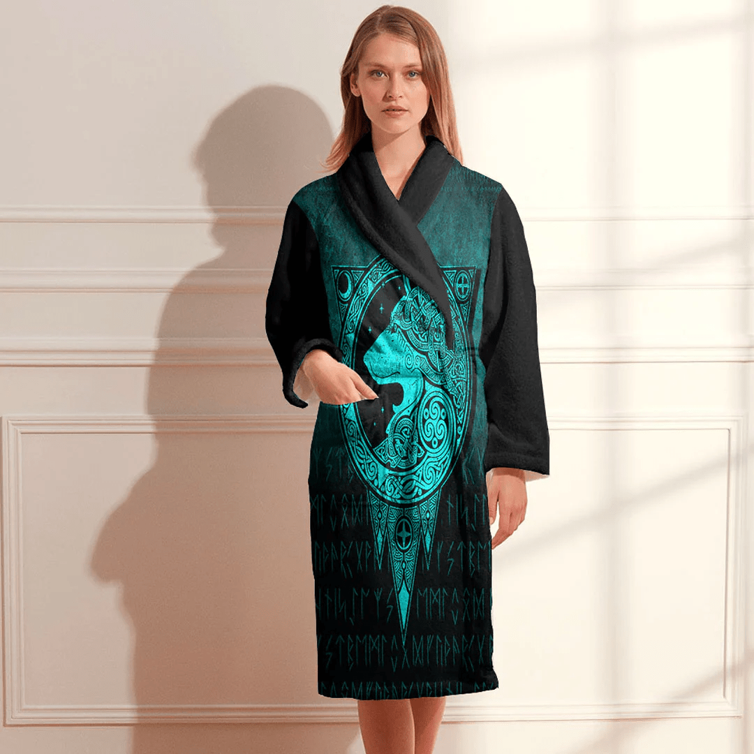 Bathrobe Viking Norse Wolf Cyan Bath Robe