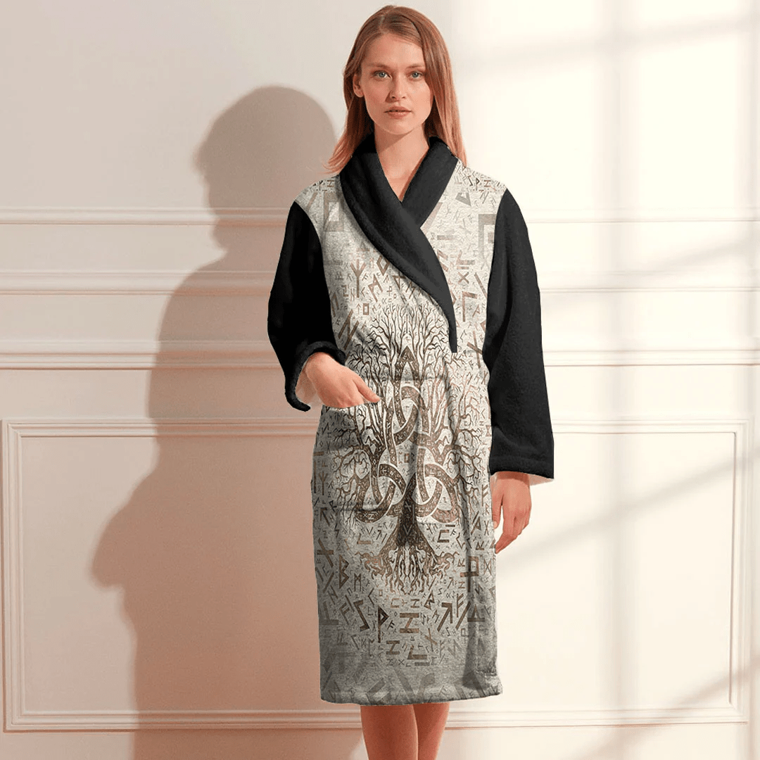 Bathrobe Tree Of Life With Triquetra And Futhark Pastel Gold Bath Robe