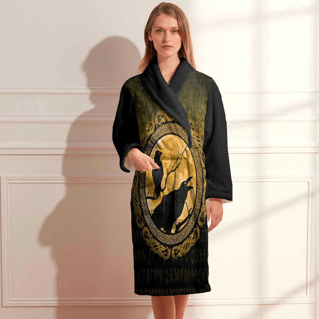 Bathrobe Vikings Hugin Munin Odins Ravens Gold Bath Robe