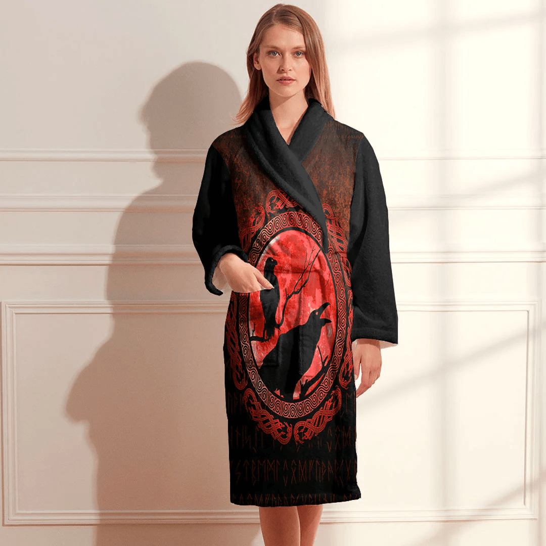 Bathrobe Vikings Hugin Munin Odins Ravens Red Bath Robe