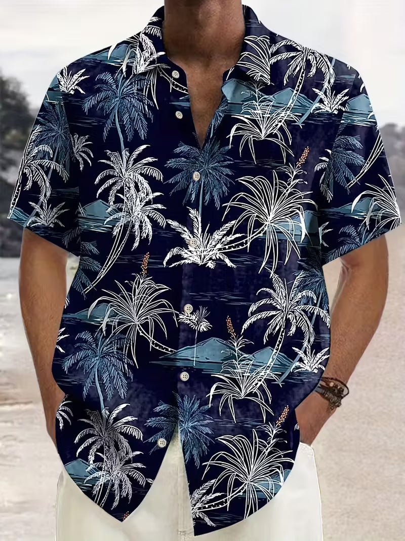Coconut Tree Pattern Hawaiian Shirt Beach Short Sleeve Button Printed Shirt For Him