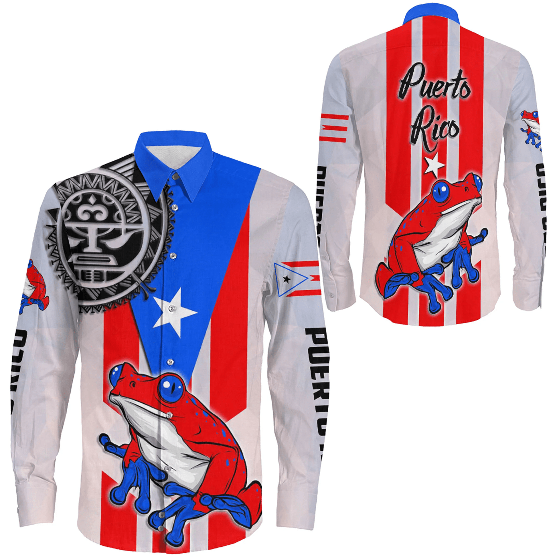 Long Sleeve Button Shirt Puerto Rico Coqui Frog And Taino Sun Style