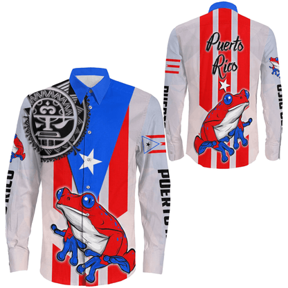 Long Sleeve Button Shirt Puerto Rico Coqui Frog And Taino Sun Style