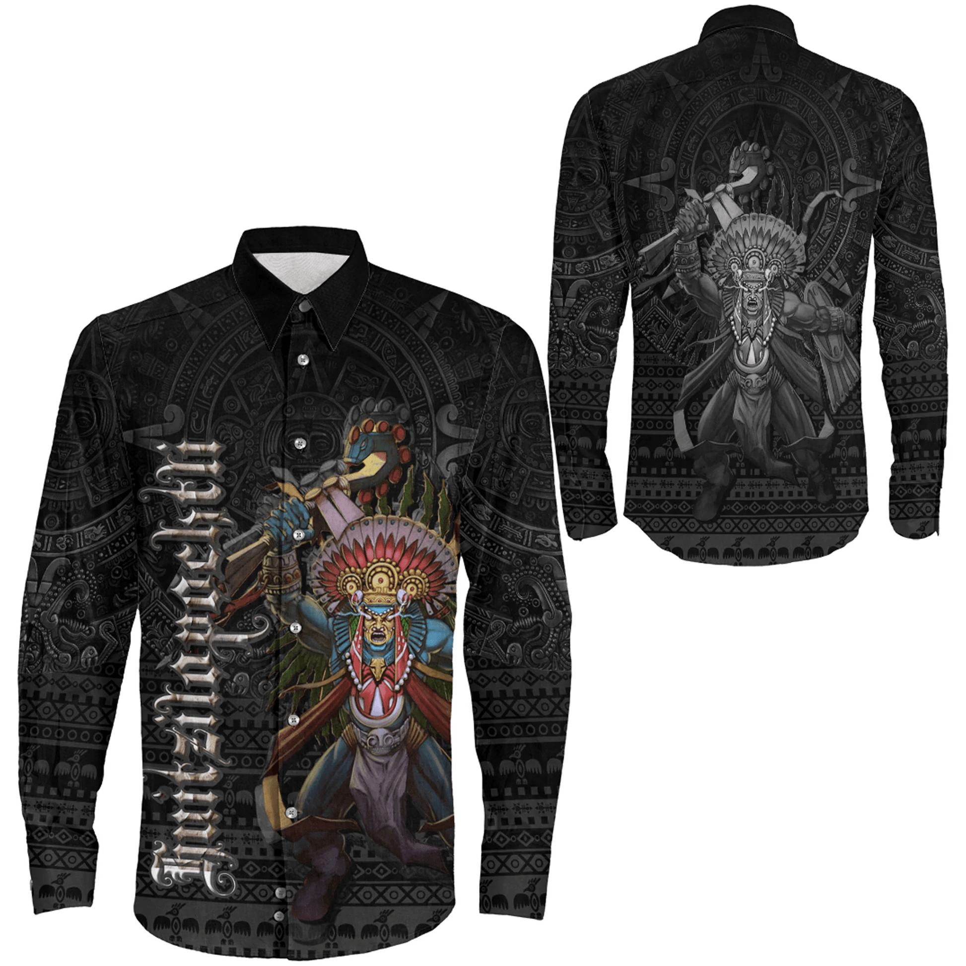 Long Sleeve Button Shirt Aztec Huitzilopochtli God Tattoo Style