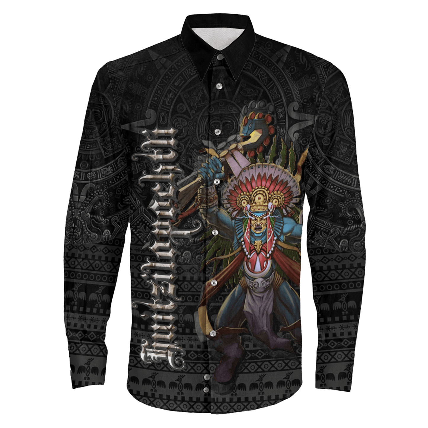 Long Sleeve Button Shirt Aztec Huitzilopochtli God Tattoo Style