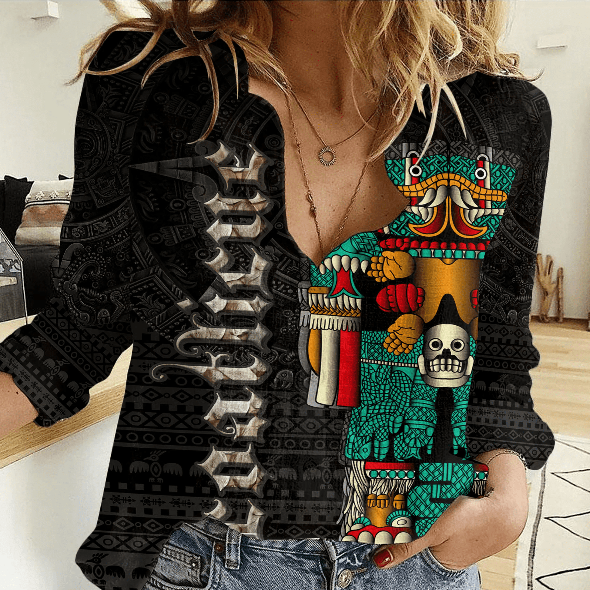 Women Casual Shirt Aztec Coatlicue God Tattoo Style