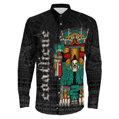 Long Sleeve Button Shirt Aztec Coatlicue God Tattoo Style