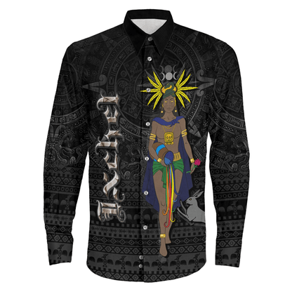 Long Sleeve Button Shirt Aztec Ixchel God Tattoo Style