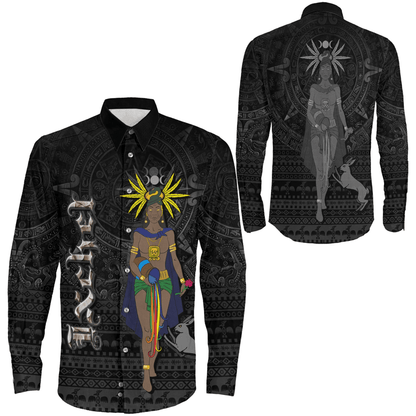 Long Sleeve Button Shirt Aztec Ixchel God Tattoo Style