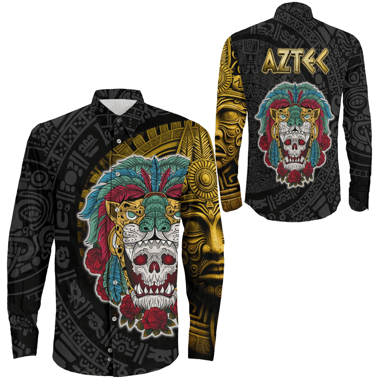 Long Sleeve Button Shirt Mexico Warrior Jaguar Aztec Pattern