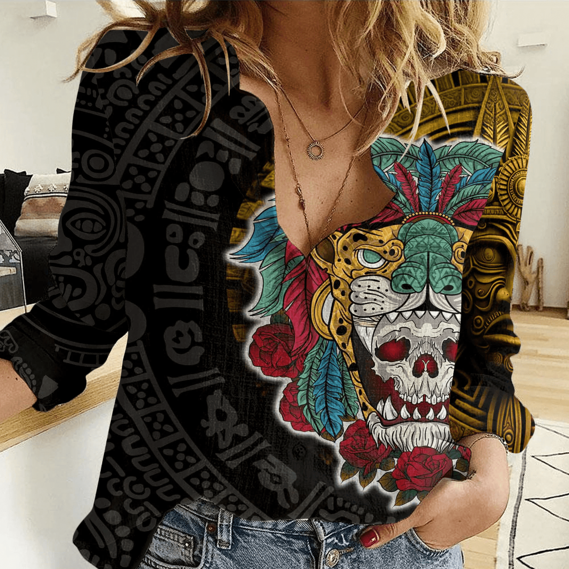Women Casual Shirt Mexico Warrior Jaguar Aztec Pattern
