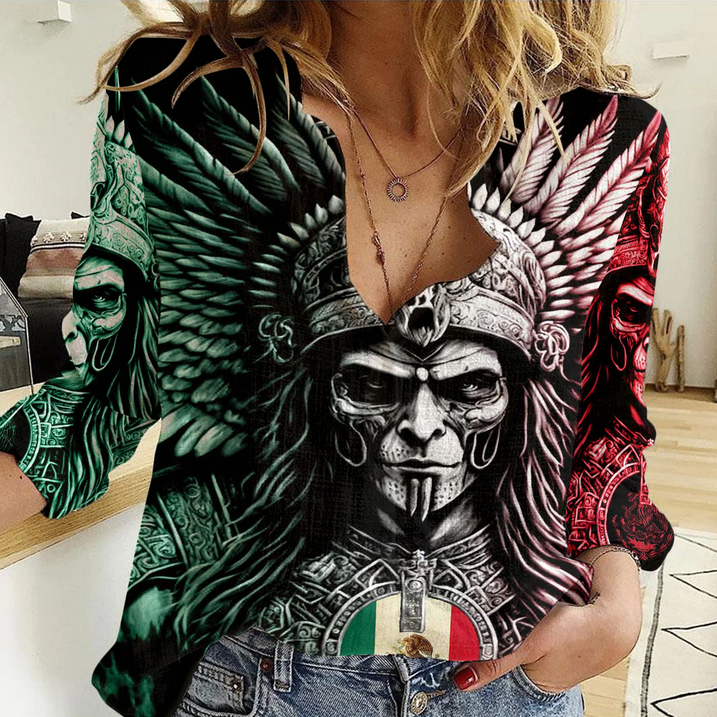 Women Casual Shirt Mexico Warrior Aztec Style