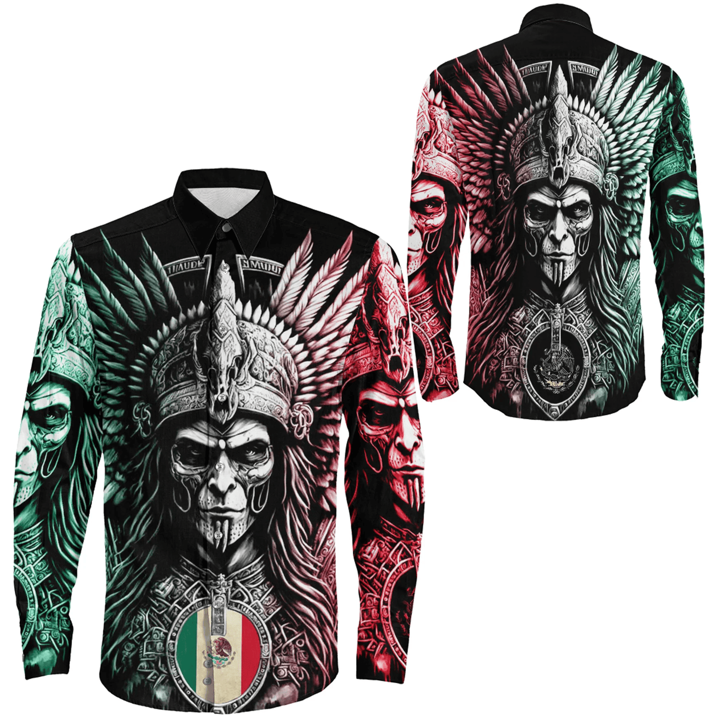 Long Sleeve Button Shirt Mexico Warrior Aztec Style