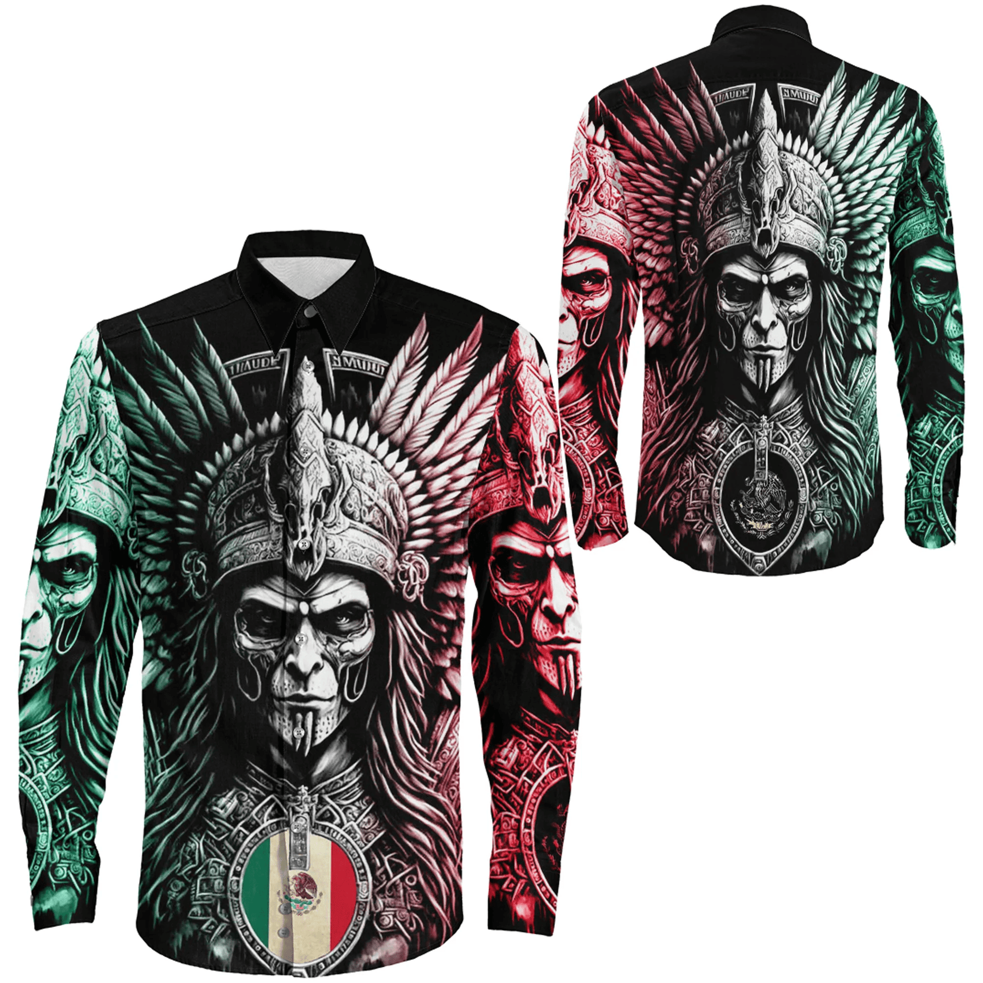 Long Sleeve Button Shirt Mexico Warrior Aztec Style