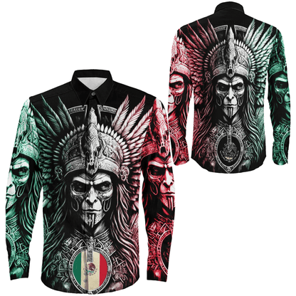 Long Sleeve Button Shirt Mexico Warrior Aztec Style