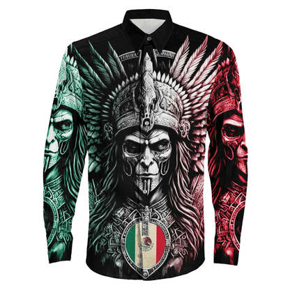Long Sleeve Button Shirt Mexico Warrior Aztec Style