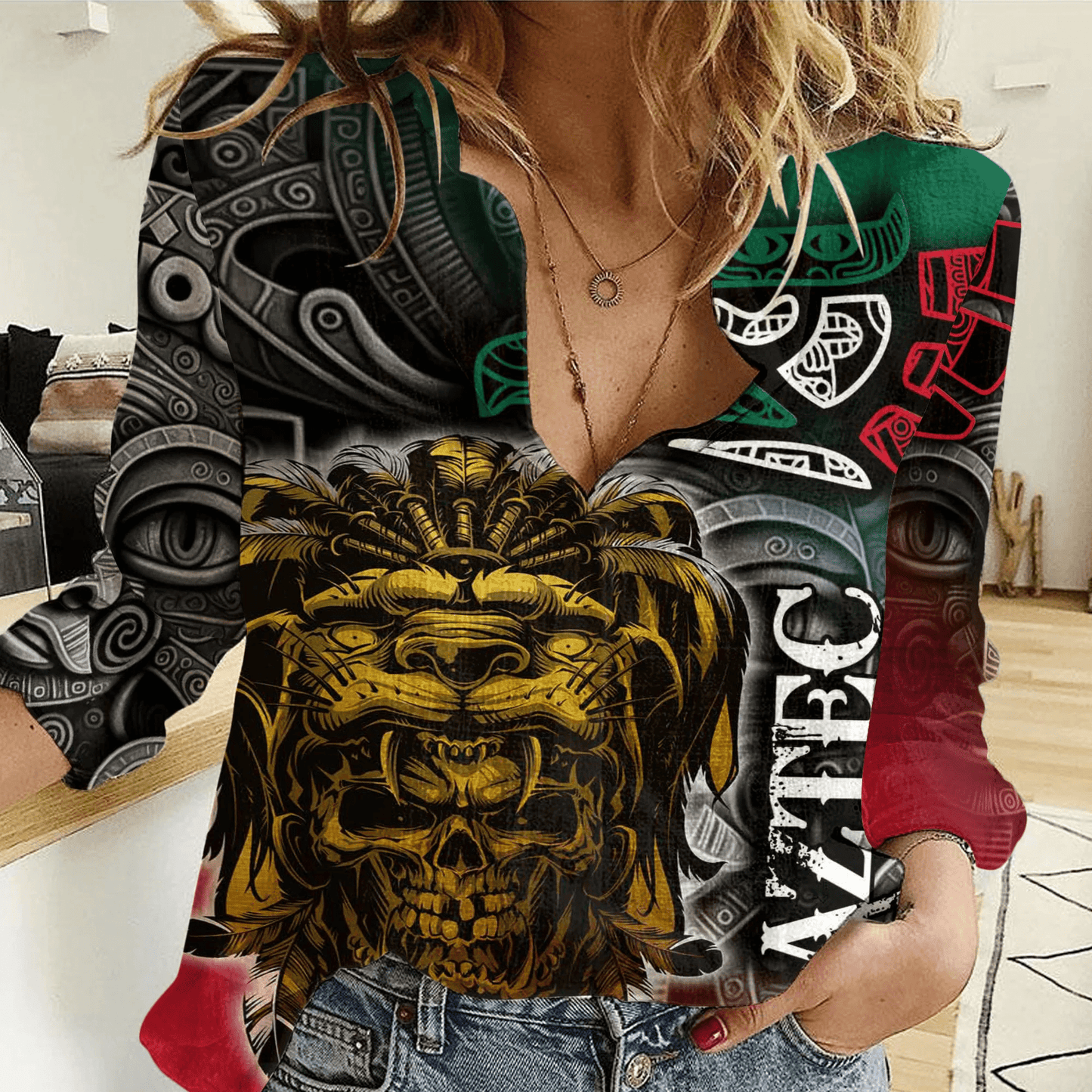 Women Casual Shirt Mexico Aztec Warrior and Eagle
