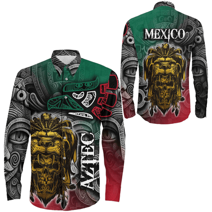 Long Sleeve Button Shirt Mexico Aztec Warrior And Eagle