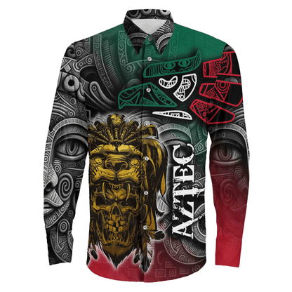 Long Sleeve Button Shirt Mexico Aztec Warrior And Eagle