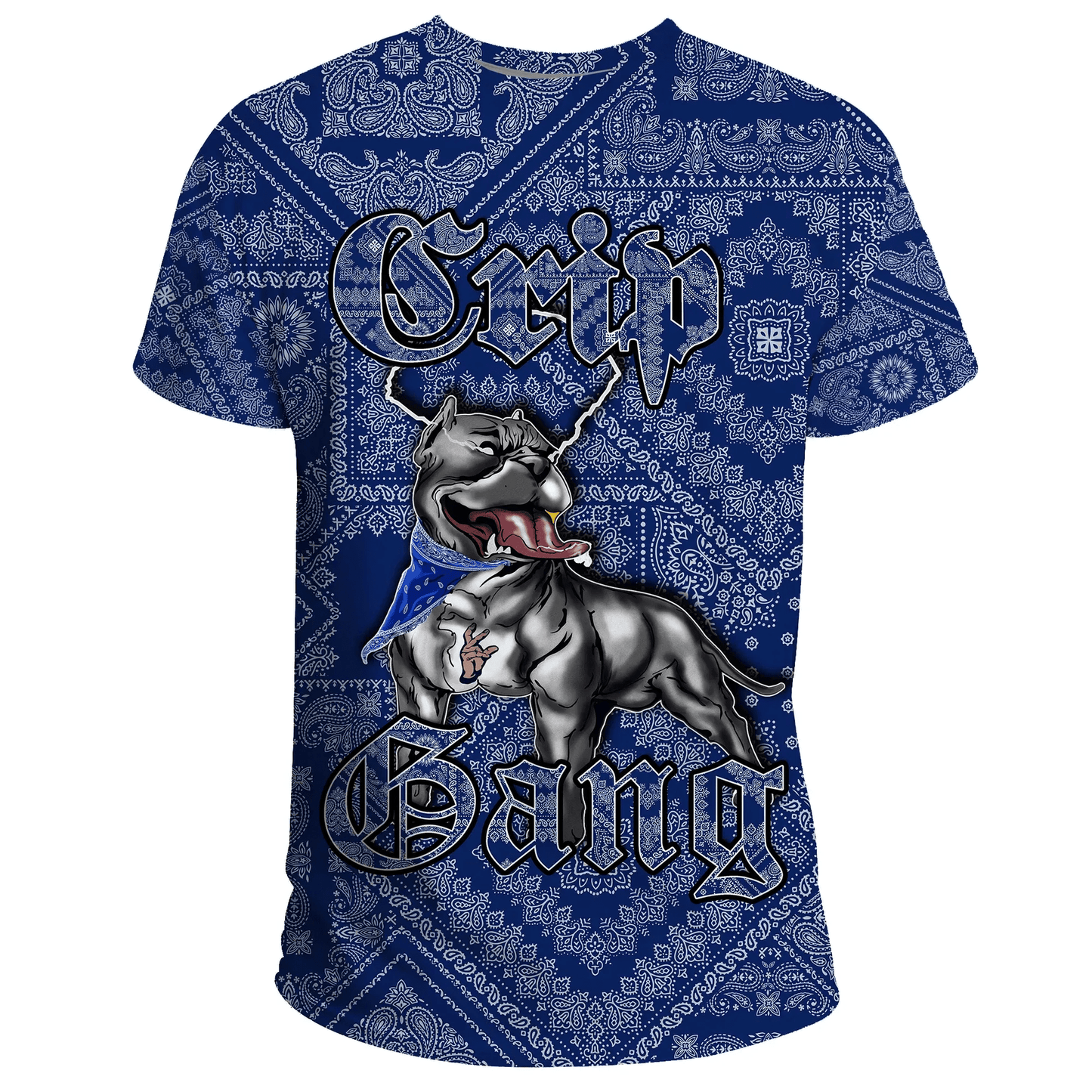 Crips Gang Bulldog T-Shirt - Blue Paisley Printed Unisex Shirt
