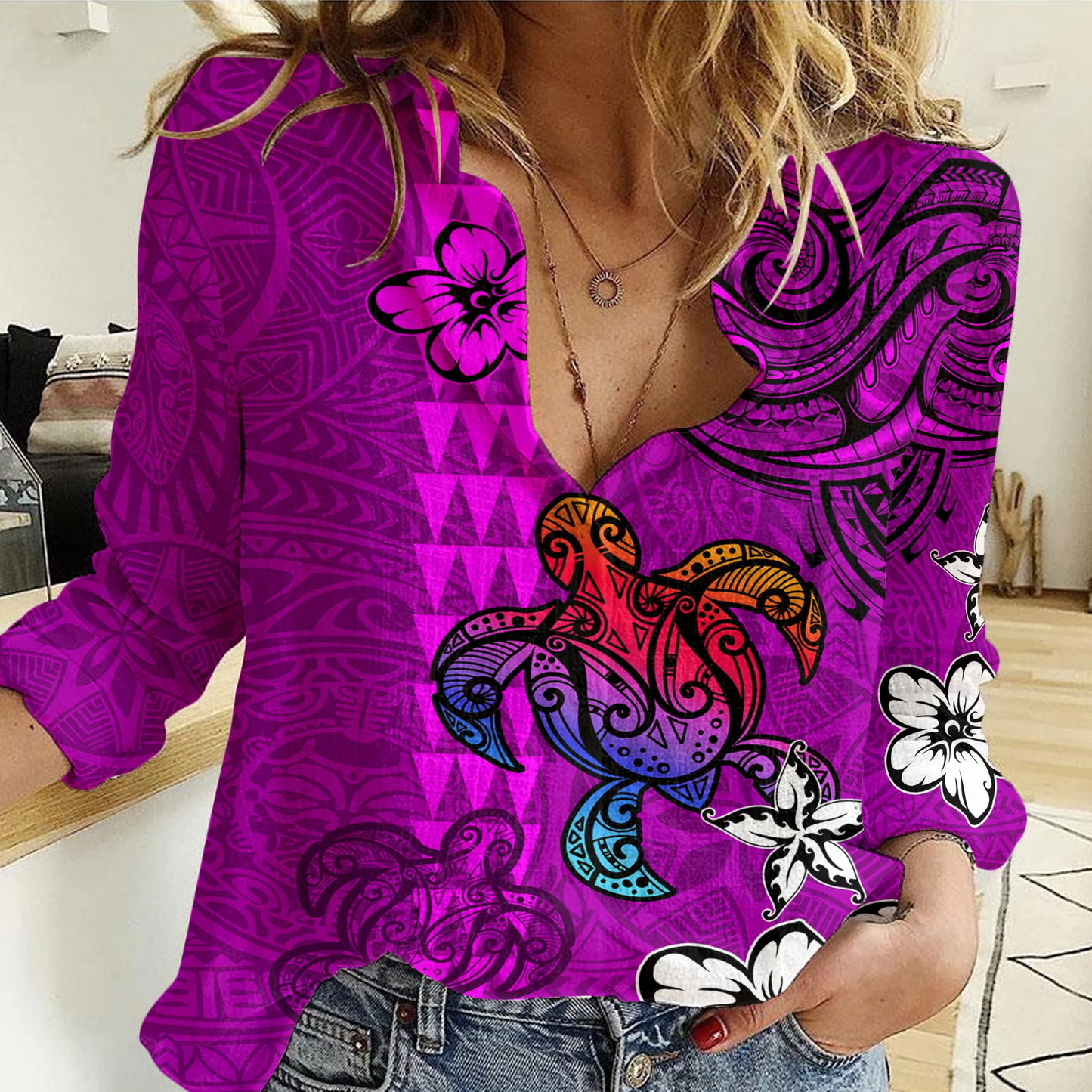 Women Casual Shirt Maori Polynesian Turtle and Flower Purple New Color Style
