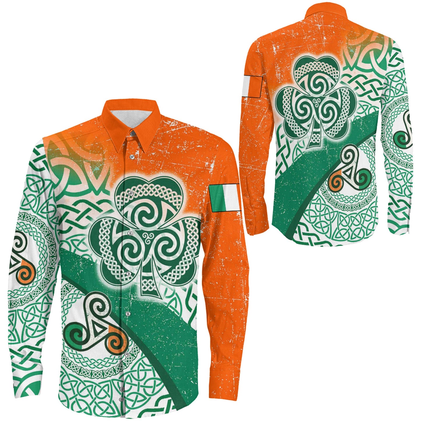 Ireland Celtic Shamrock And Triskele Long Sleeve Button Shirt