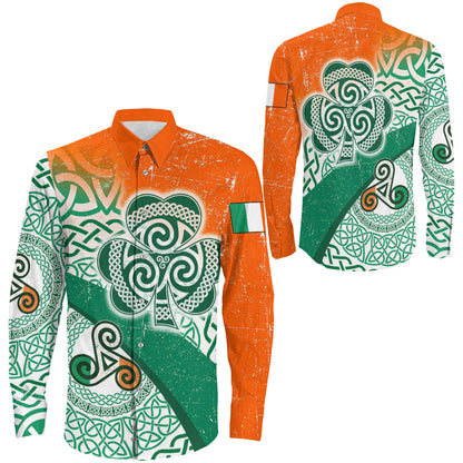 Ireland Celtic Shamrock And Triskele Long Sleeve Button Shirt