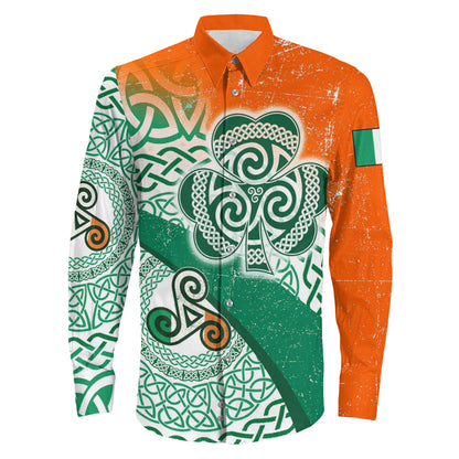 Ireland Celtic Shamrock And Triskele Long Sleeve Button Shirt