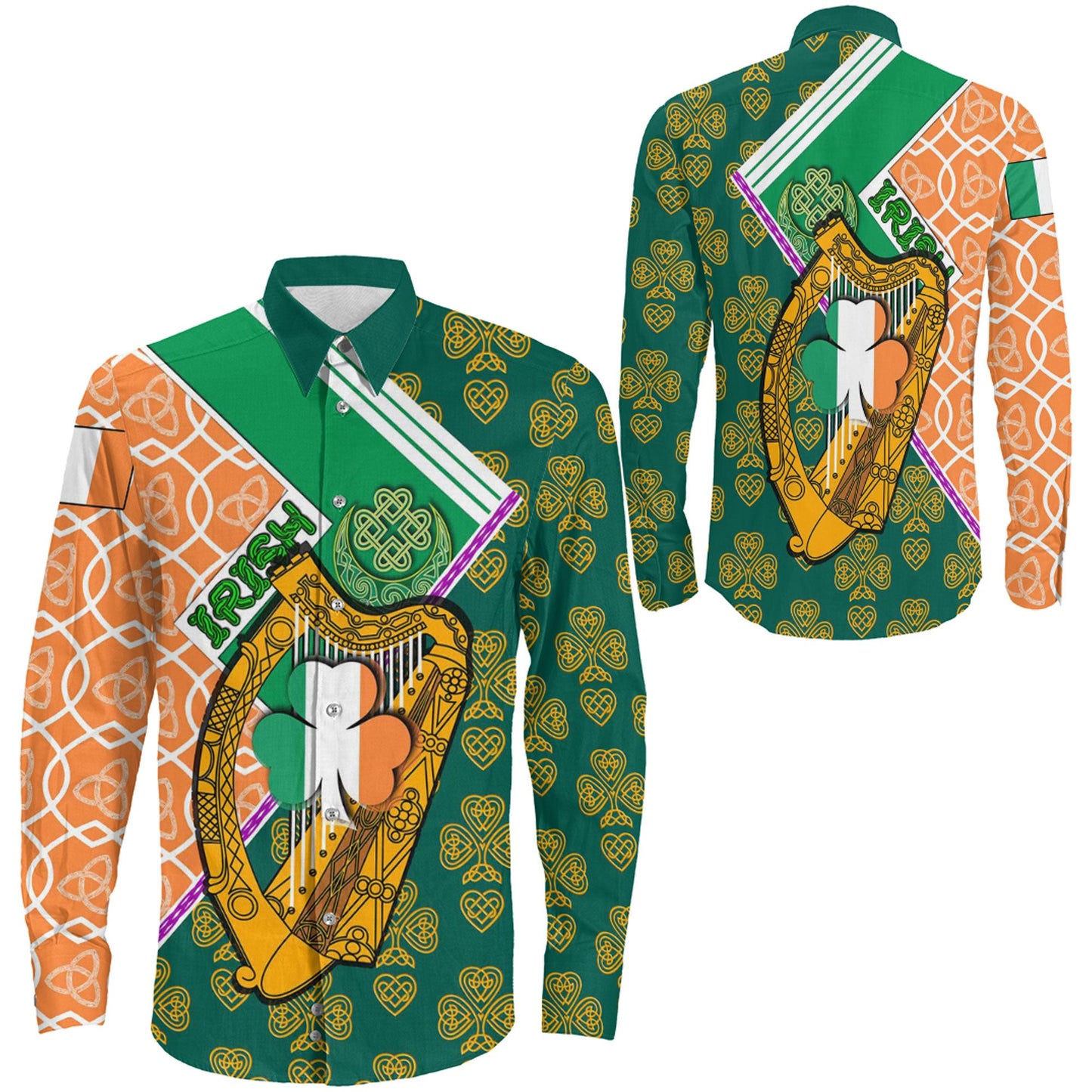 Ireland Irish Harp And Celtic Pattern Long Sleeve Button Shirt