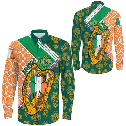 Ireland Irish Harp And Celtic Pattern Long Sleeve Button Shirt