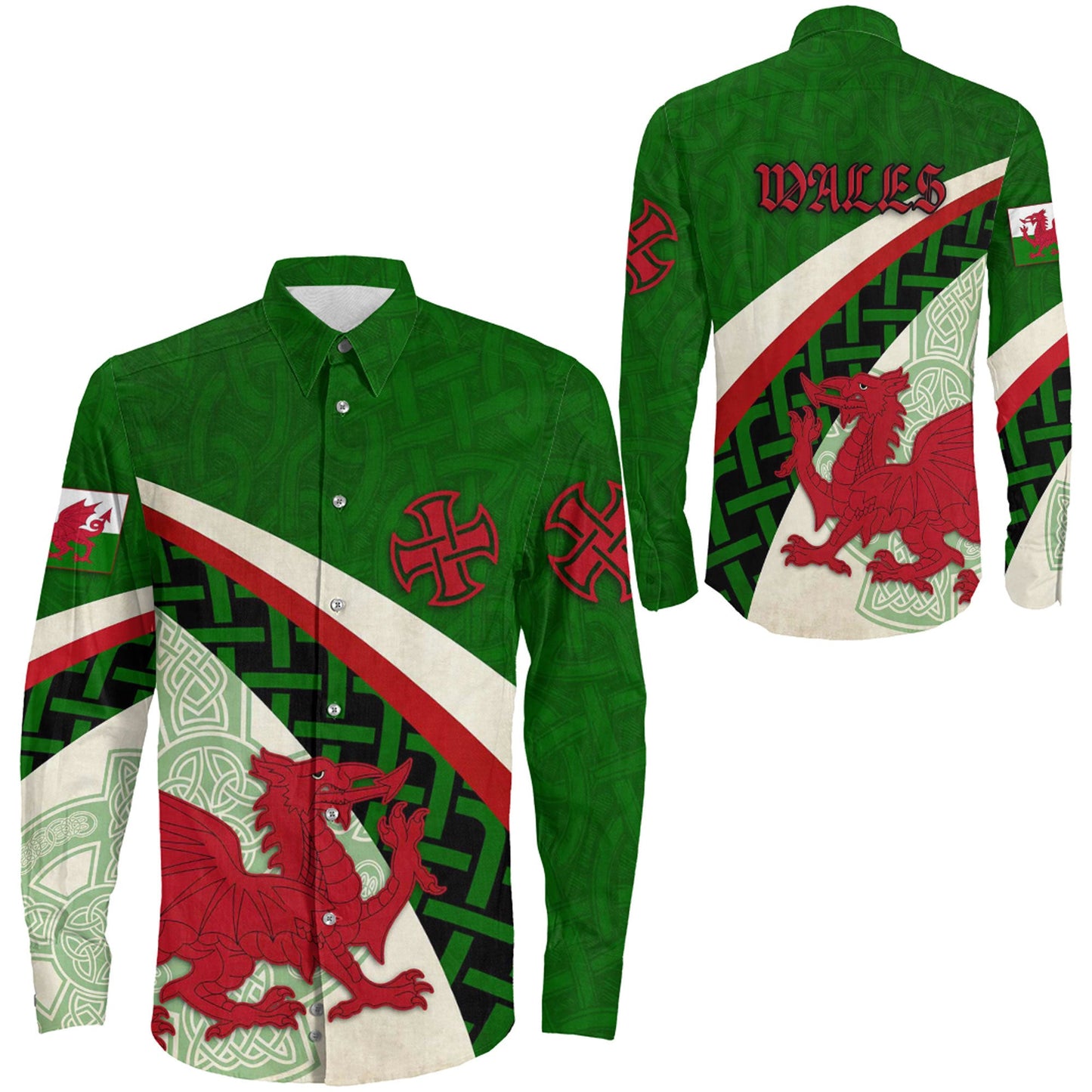 Wales Dragon And Cross Celtic Style Long Sleeve Button Shirt