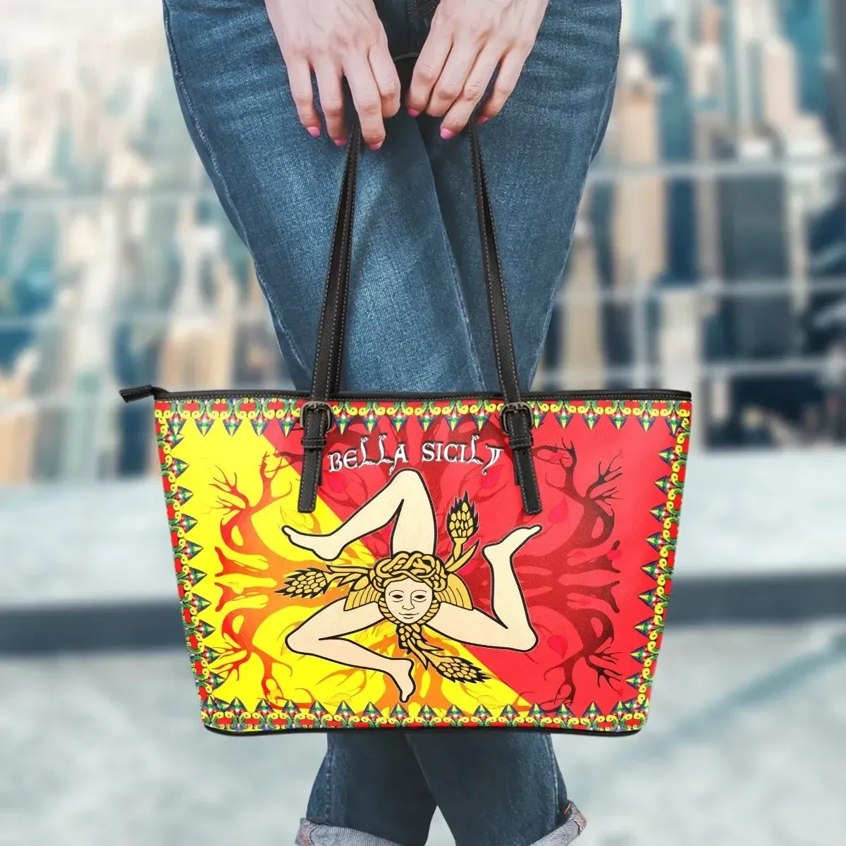 Sicily Celtic Leather Tote Bags Sicily Celtic Flag With Celtic Tree Of Life