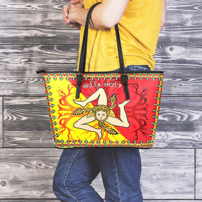 Sicily Celtic Leather Tote Bags Sicily Celtic Flag With Celtic Tree Of Life