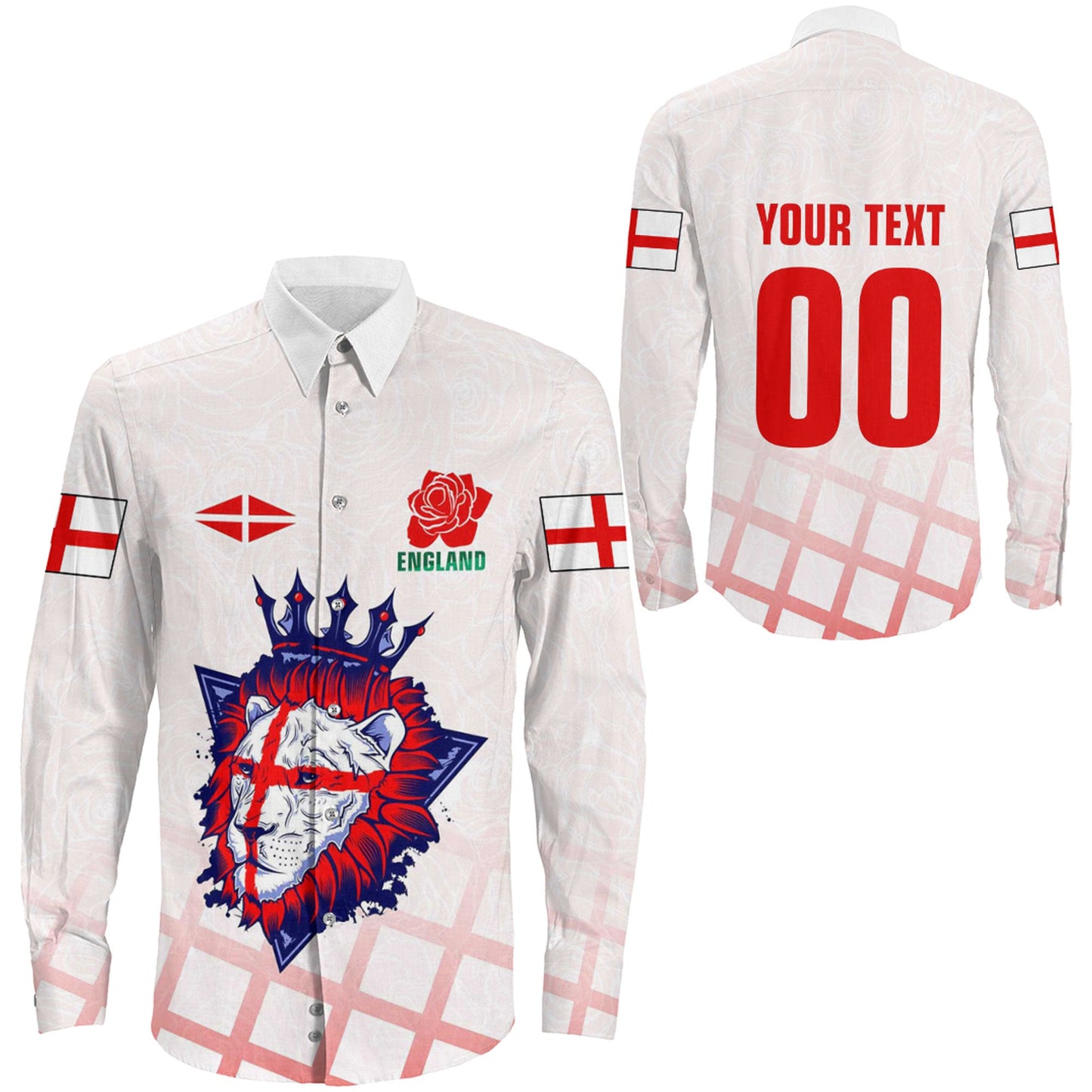 Long Sleeve Button Shirt Custom England Rugby Lion Rose Pattern