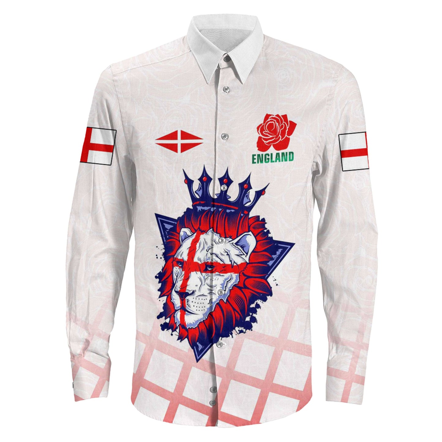 Long Sleeve Button Shirt Custom England Rugby Lion Rose Pattern