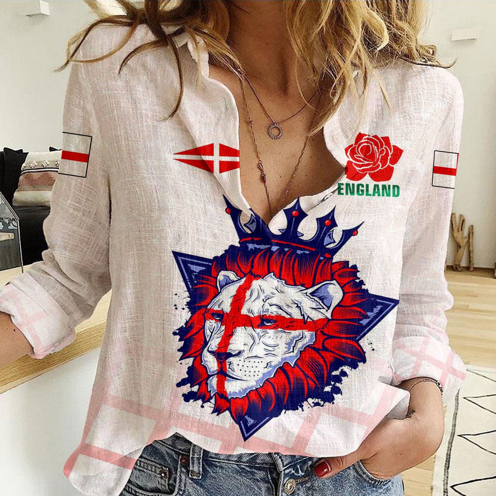 Women Casual Shirt Custom England Rugby Lion Rose Pattern