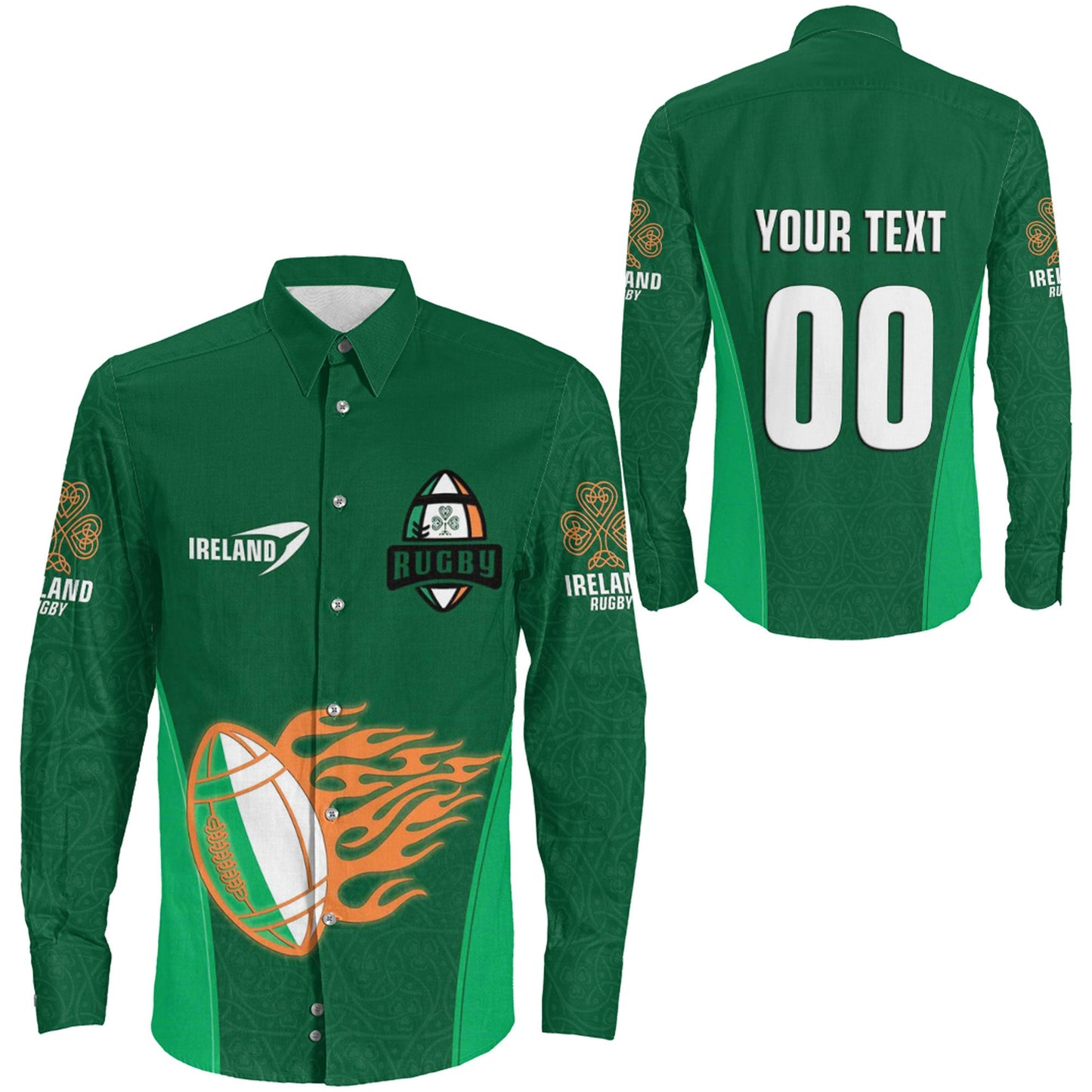 Long Sleeve Button Shirt Custom Ireland Rugby Shamrock