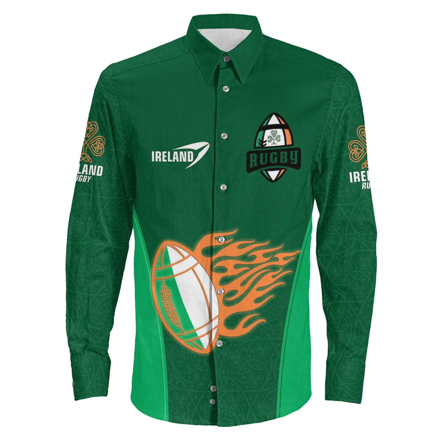 Long Sleeve Button Shirt Custom Ireland Rugby Shamrock